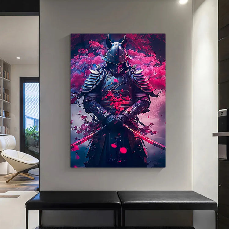 Abstract Neon Sakura Samurai Canvas Art
